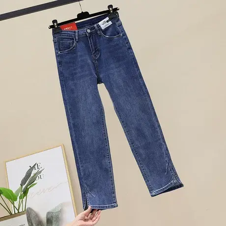 韩国牛仔裤女显瘦2023新款秋季高腰百搭直筒裤休闲扣子开叉烟管裤商品大图