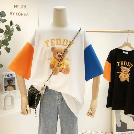 ins潮小熊短袖高品质小众拼色上衣2021新款春夏韩国T恤宽松显瘦女图片