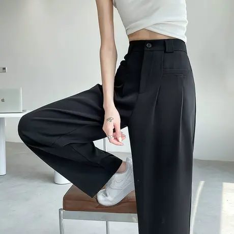 黑色窄版阔腿西装裤女夏季薄款冰丝高腰显瘦垂感直筒休闲拖地裤子商品大图