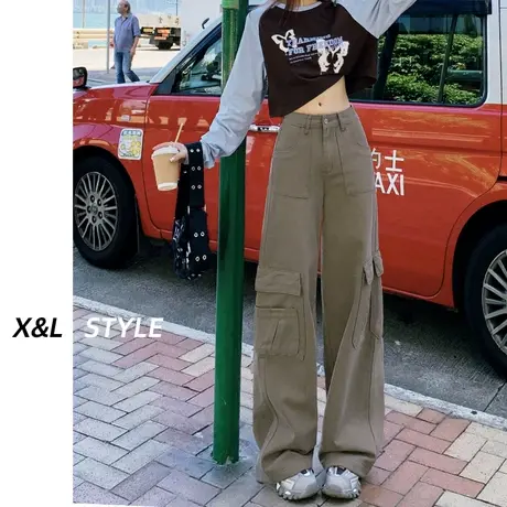 棕色休闲阔腿工装裤女秋2023秋季新款设计感梨形身材窄版直筒裤子商品大图