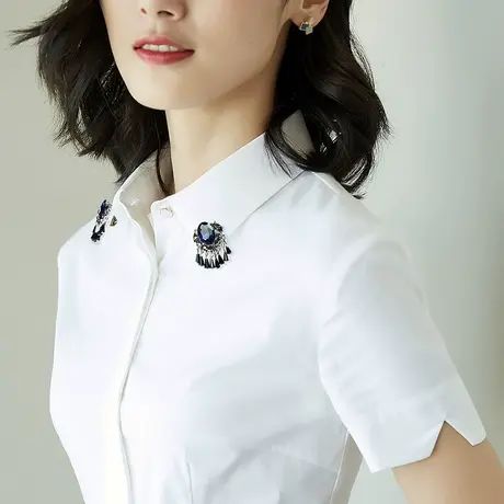 可拆卸领花短袖白色衬衫女分叉袖时尚职业装打底正装修身显瘦衬衣商品大图