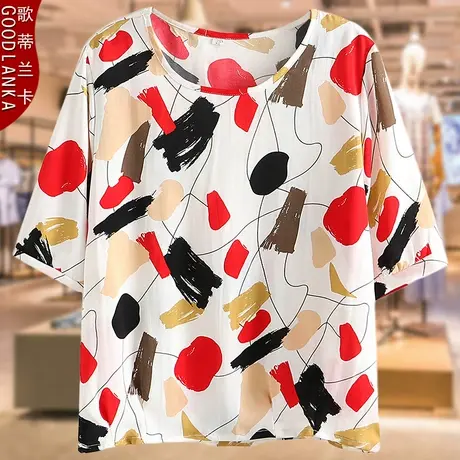 中年妈妈夏装t恤女大码宽松洋气减龄时尚百搭印花短袖雪纺衫上衣商品大图