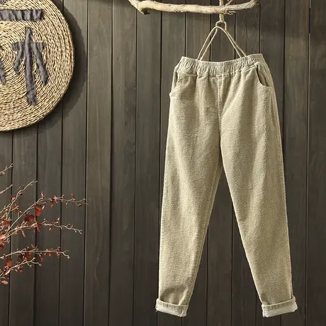 枫谜秋装新款文艺简约灯芯绒长裤女宽松大码条绒休闲裤哈伦裤子图片