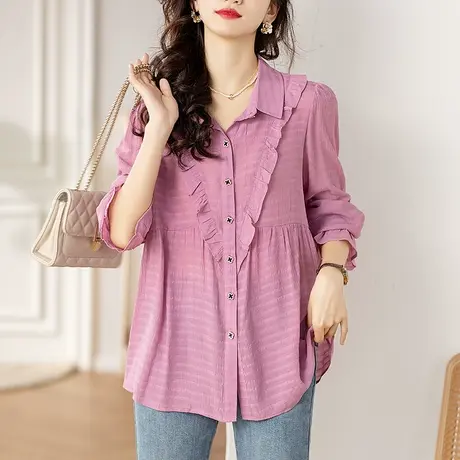 长袖衬衫女春秋新款宽松加大码女装洋气休闲遮肚休闲显瘦小衫上衣商品大图