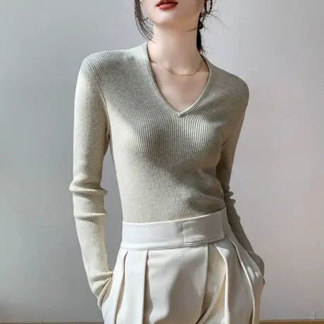 V领长袖针织羊毛打底衫女2023秋冬新款修身正肩纯色西装内搭上衣商品大图