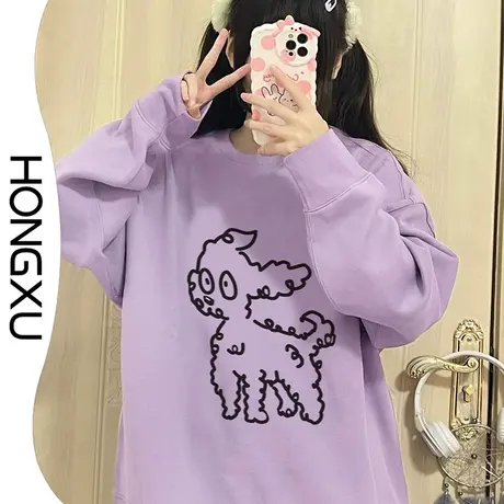 红续冬季原宿风浅紫色卫衣2023年小众设计感印花圆领上衣加厚百搭图片