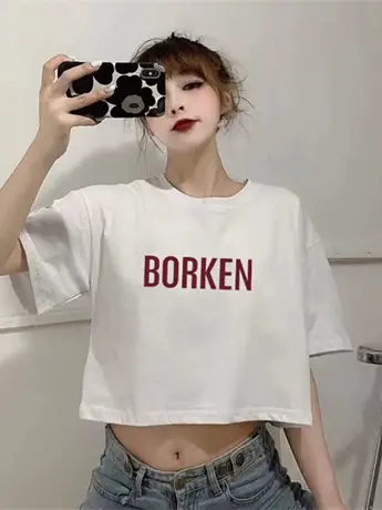 仿棉超火短款上衣服设计感小众显瘦配高腰阔腿裤短袖t恤女ins潮夏图片