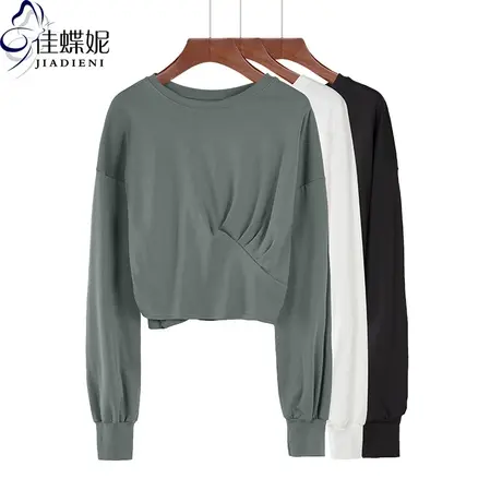 秋冬季圆领宽松休闲短款气质长袖T恤纯棉简约酷搭小众上衣女加厚商品大图