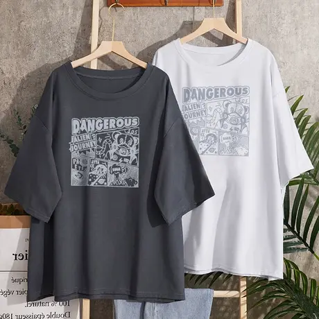 纯棉胖mm大码女装港风ins宽松2021年夏潮牌嘻哈oversize短袖t恤女商品大图