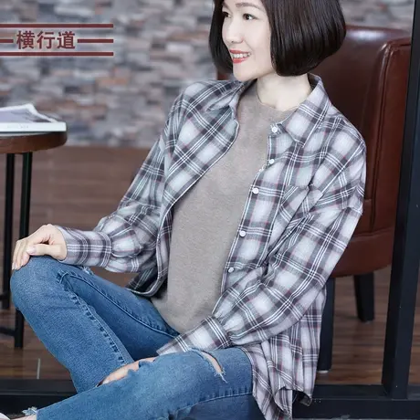 横行道格子长袖衬衫长袖2025春装小外套全棉上衣纯棉衬衣宽松女装商品大图