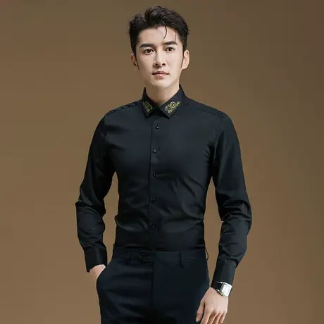 POWO衬衫男士花纹刺绣韩版修身春季寸衫商务休闲黑色长袖白衬衣图片