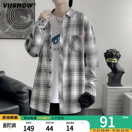 VIISHOW格子衬衫男士长袖衬衣春秋潮流宽松薄款港风日系休闲外套图片