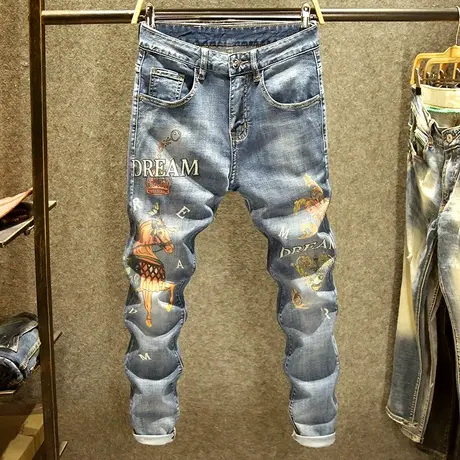 高端印花图案夏季牛仔裤男修身弹力小脚裤欧美街头潮牌个性男裤子商品大图