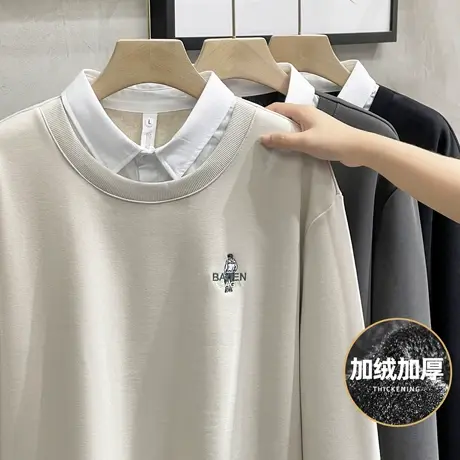 加绒加厚衬衫领假两件男士卫衣2023秋冬新款潮流休闲学院风打底衫图片