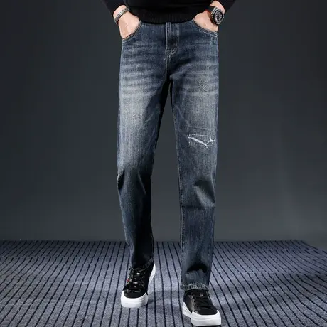 宽松牛仔裤男秋冬季2023新款破洞补丁直筒男士休闲高端潮流裤子男商品大图