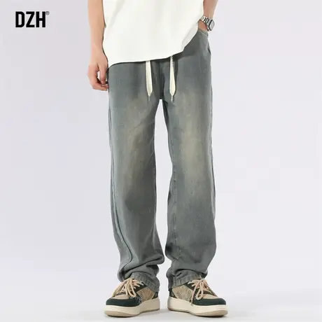 男士松紧腰牛仔裤男直筒宽松美式潮牌高街百搭阔腿裤子夏天男款薄商品大图