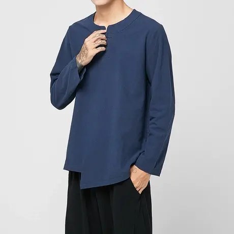 中国风秋季男长袖T恤刺绣宽松大码盘扣复古上衣不规则 男装打底衫商品大图