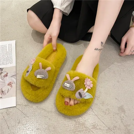 网红毛毛拖鞋女糖果色秋冬季室内居家居外穿保暖毛茸茸一字棉拖鞋商品大图