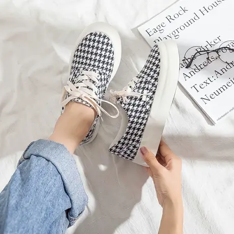 格子帆布鞋女夏季薄款2021年新款学生ulzzang百搭潮鞋ins系带板鞋商品大图