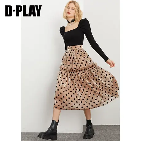 DPLAY秋装新咖色法式复古高腰爱心中长裙图片