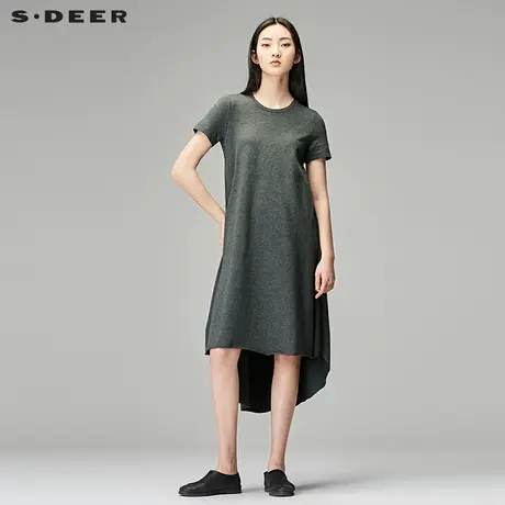 sdeer圣迪奥秋装简约圆领短袖A字前短后长连衣裙女S18181222图片