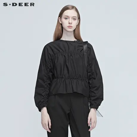 sdeer圣迪奥春装女装圆领收腰松紧褶皱全棉宽松长袖衬衫S20380501图片