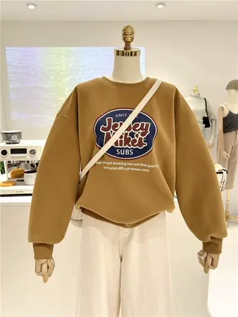 美式复古做旧字母加绒加厚保暖宽松显瘦圆领套头卫衣女外套单穿商品大图