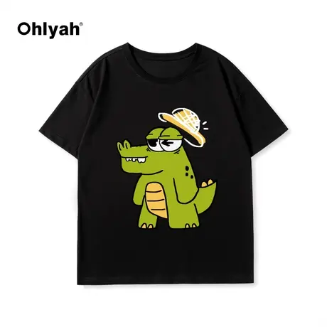 Ohlyah春夏新款小鳄鱼印花男女同款情侣休闲黑色纯棉圆领短袖T恤图片