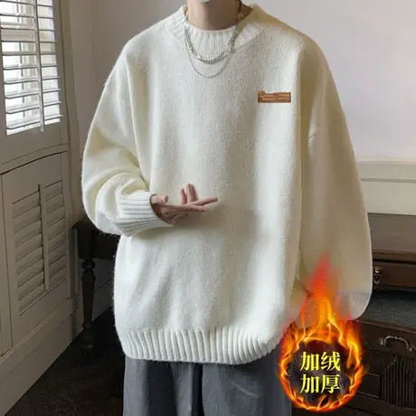 毛衣男秋冬季加绒加厚潮牌日系针织衫2023大码线衣宽松内搭款衣服商品大图