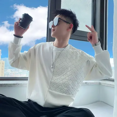 圆领卫衣男春秋款个性简约拼接无帽上衣ins潮牌宽松休闲套头外套商品大图