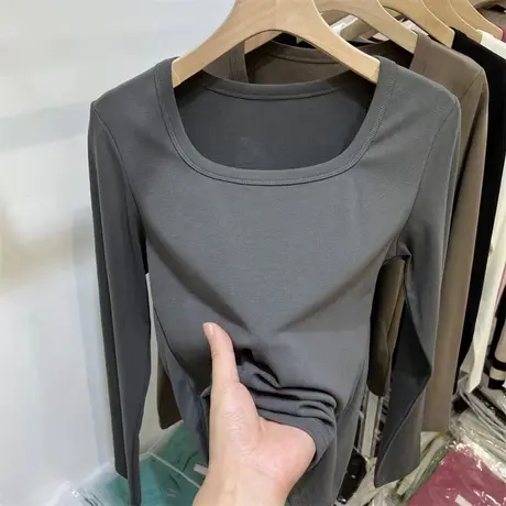长袖t恤女2023秋冬款韩版小个子修身方领上衣百搭纯色内搭打底衫商品大图