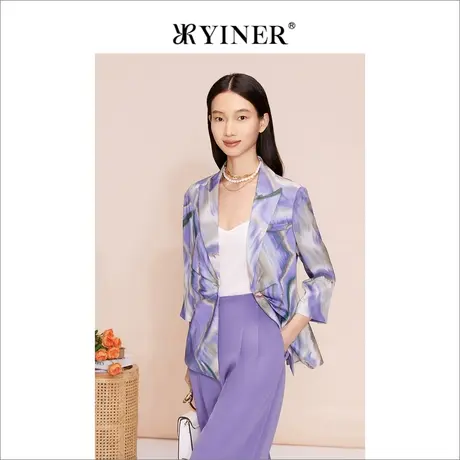 YINER音儿女装夏季通勤丁香紫印花气质休闲西装外套商品大图