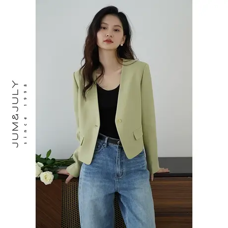嘉茱莉设计感V领西装外套女小个子短款上衣休闲短外套女一粒扣商品大图