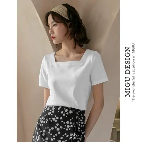 弥古白色方领短袖t恤女法式大领口锁骨上衣夏宽松正肩休闲白体恤图片