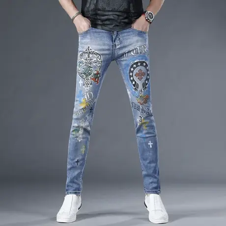 欧洲站高端潮牌印花牛仔裤男春夏季韩版蓝色弹力休闲修身小脚裤商品大图