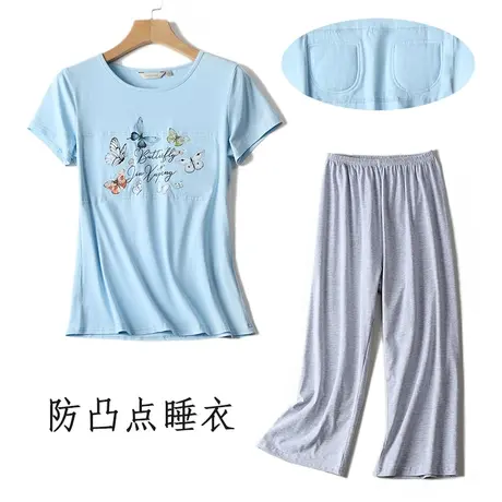 不露点不穿内衣的短袖七分裤睡衣套装胸部印花带胸垫遮挡不凸点商品大图