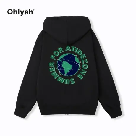 Ohlyah绿字母标语连帽开衫卫衣国朝秋季美式高街宽松帽衫男女外套商品大图