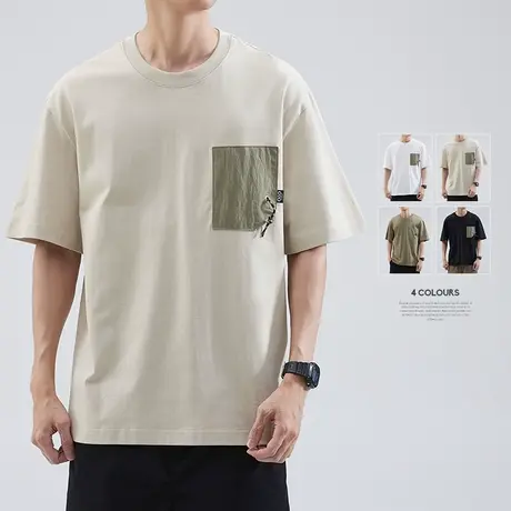 hansca 白色纯棉短袖t恤男宽松圆领夏季日系潮牌休闲运动口袋体恤商品大图