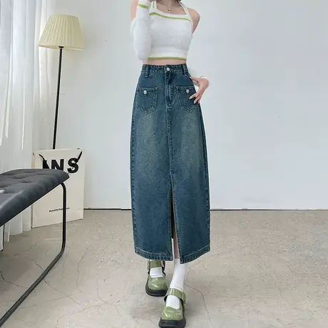 牛仔半身裙女2024新款春秋季蓝色高腰显瘦a字复古包臀开叉中长裙图片