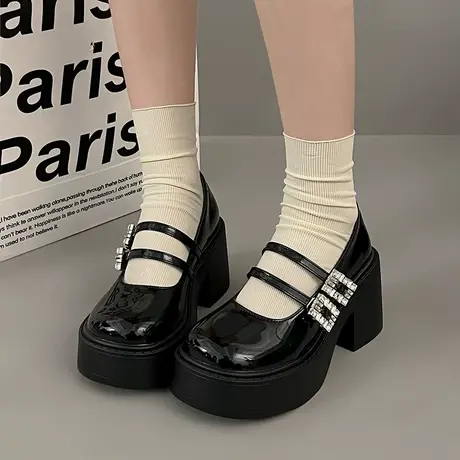 一字带玛丽珍鞋女2024春夏季新款英伦风粗跟单鞋配裙子厚底小皮鞋商品大图