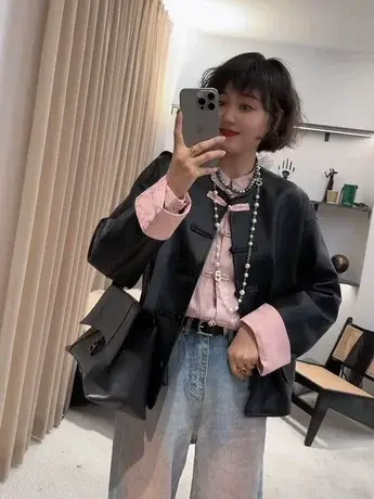 新中式pu皮外套女高级感2024春秋新款宽松盘扣皮衣中国风西服上衣图片
