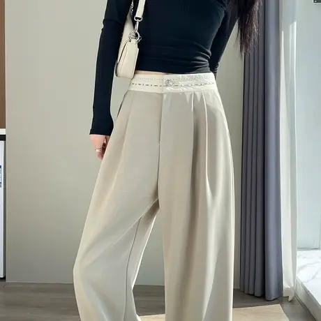 卡其色西装阔腿裤女春夏新款高腰垂感小个子窄版直筒休闲拖地裤潮商品大图