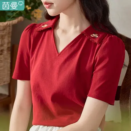 茵曼官方旗舰店T恤女2024夏季新款修身短袖小众原创t恤正肩上衣图片