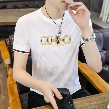 小蜜蜂t恤男夏季冰丝烫钻短袖体恤男士高端半袖圆领刺绣上衣百搭商品大图