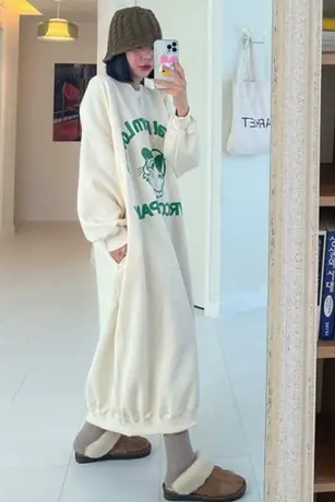 卫衣套头印花连衣裙女过膝长款韩版宽松大码休闲慵懒风卫衣外套潮商品大图