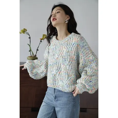 嘉茱莉2023早秋新款麻花针织毛衣女圆领宽松慵懒风针织上衣小众商品大图