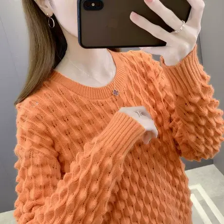 韩版圆领长袖宽松短款套头毛衣女春秋款2023新款镂空打底针织衫潮商品大图