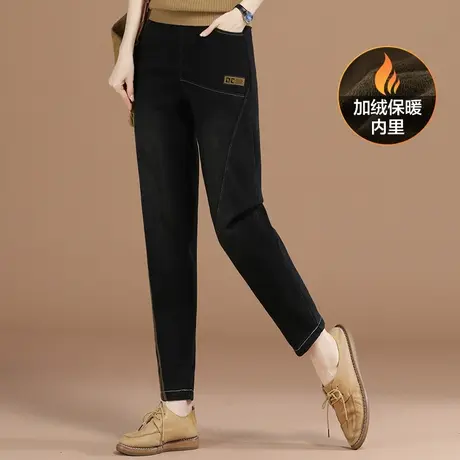韩潮袭人松紧腰加绒直筒牛仔裤女2023冬季新款百搭显瘦哈伦长裤子商品大图