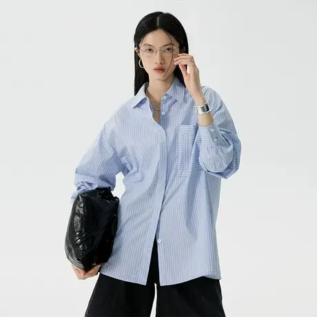 omont蛋挞家 条纹长袖衬衫女夏季2023新款复古廓形设计感衬衣上衣图片