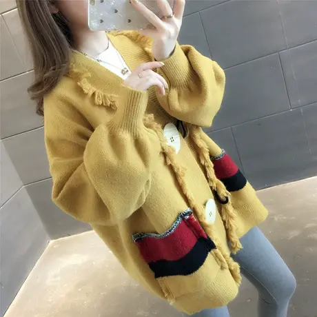 时尚2023新款春秋季慵懒风纯色毛衣外套女开衫百搭韩版宽松针织衫商品大图